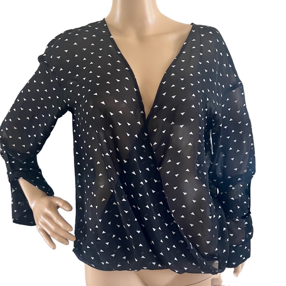 Decree Faux Wrap Roll Up Tab Sleeve Sheer Blouse